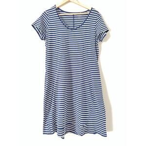 Toad&Co Marley Short Sleeve Dress Navy Blue Stripe Large Pockets Organic Cotton